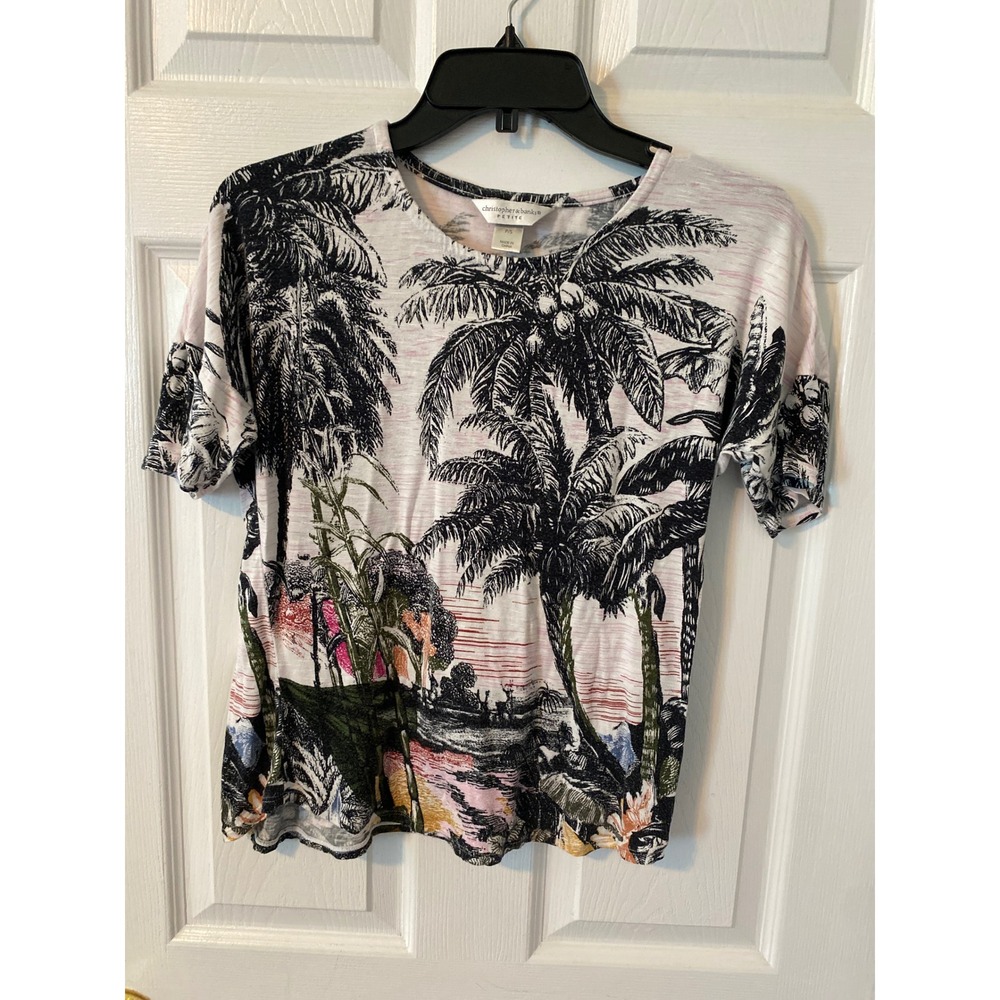 Christopher & Banks Petite Tropical Palm Tree Print T-Shirt P/S Short Sleeve Tee